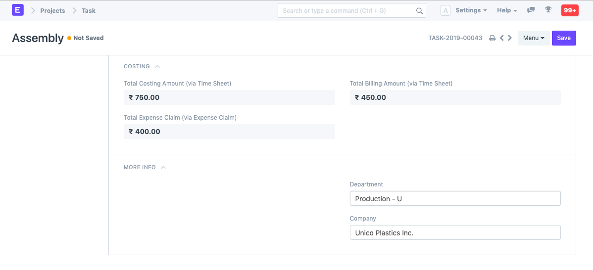 projects task costing
