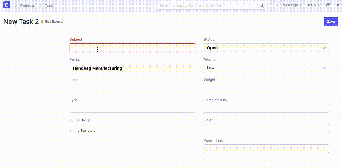 projects task creation main