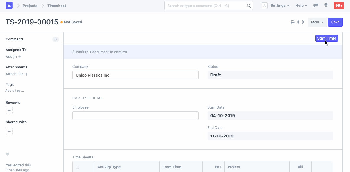 projects timer in timesheet