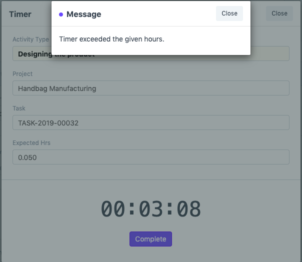 projects timer time exceed