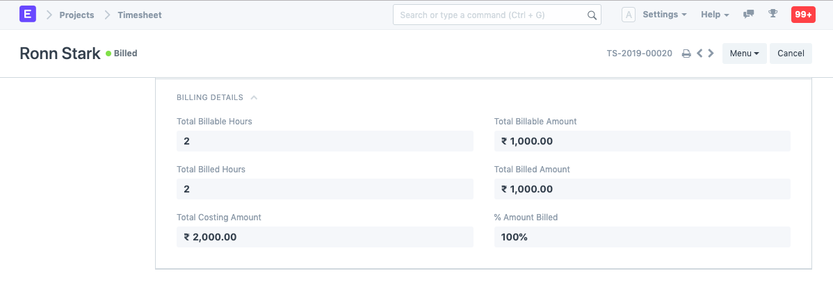 projects timesheet billing details