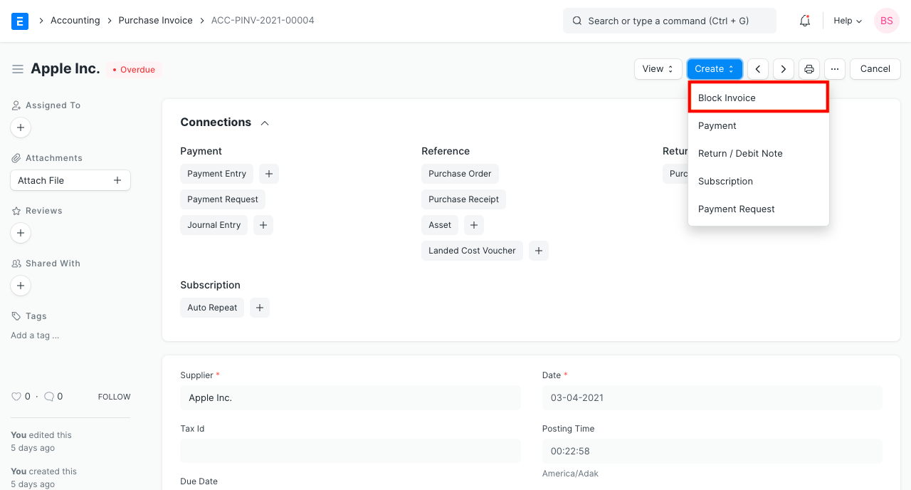 purchase invoice block