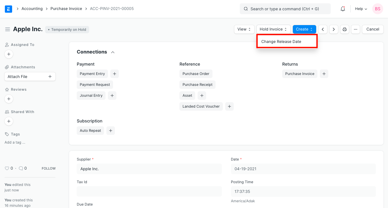 purchase invoice hold