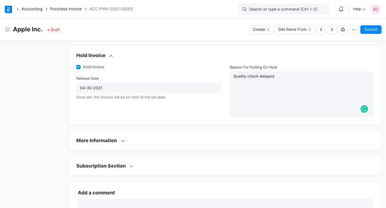 purchase invoice on hold