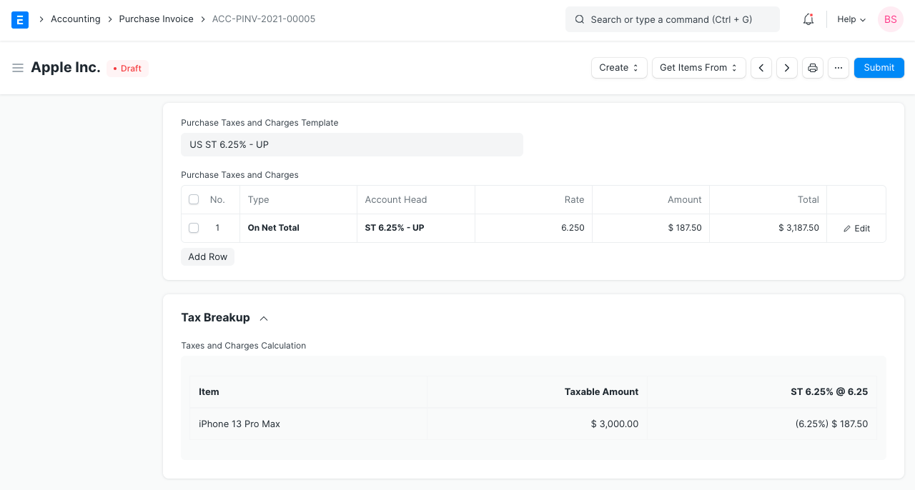 purchase invoice tax