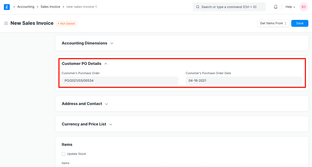 purchase order details in invoice