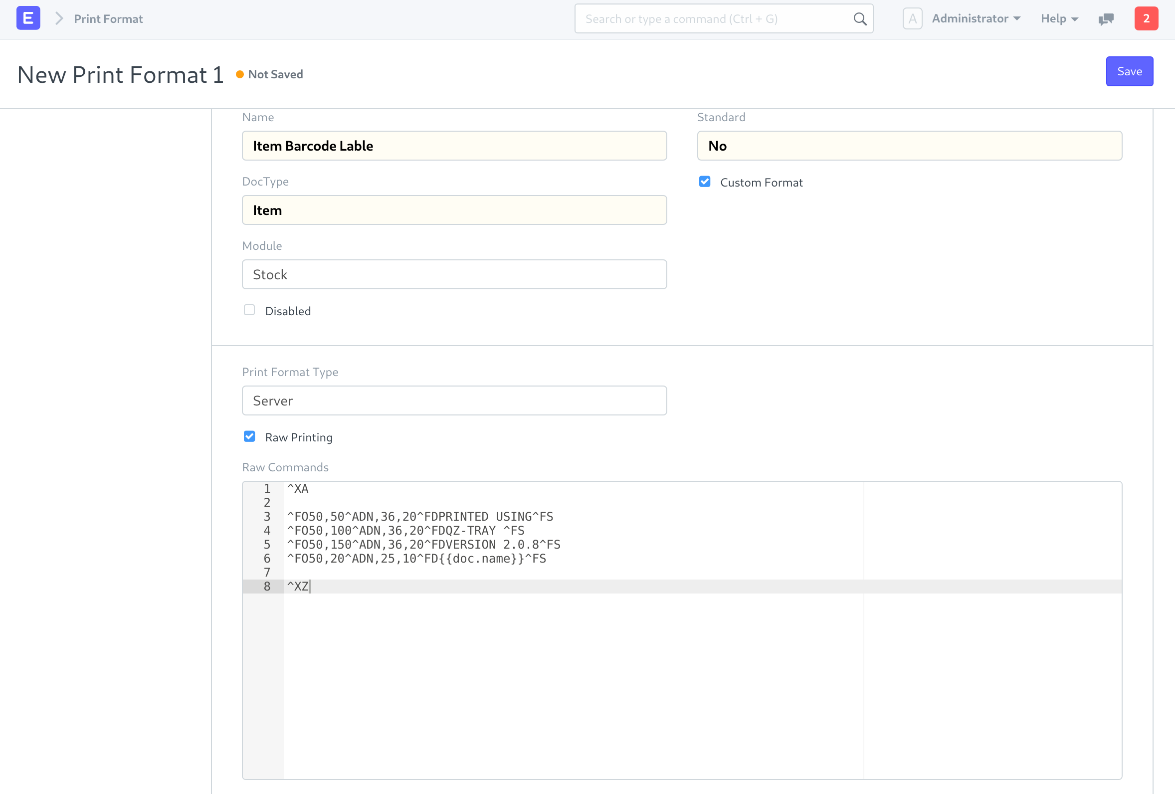 raw command print format