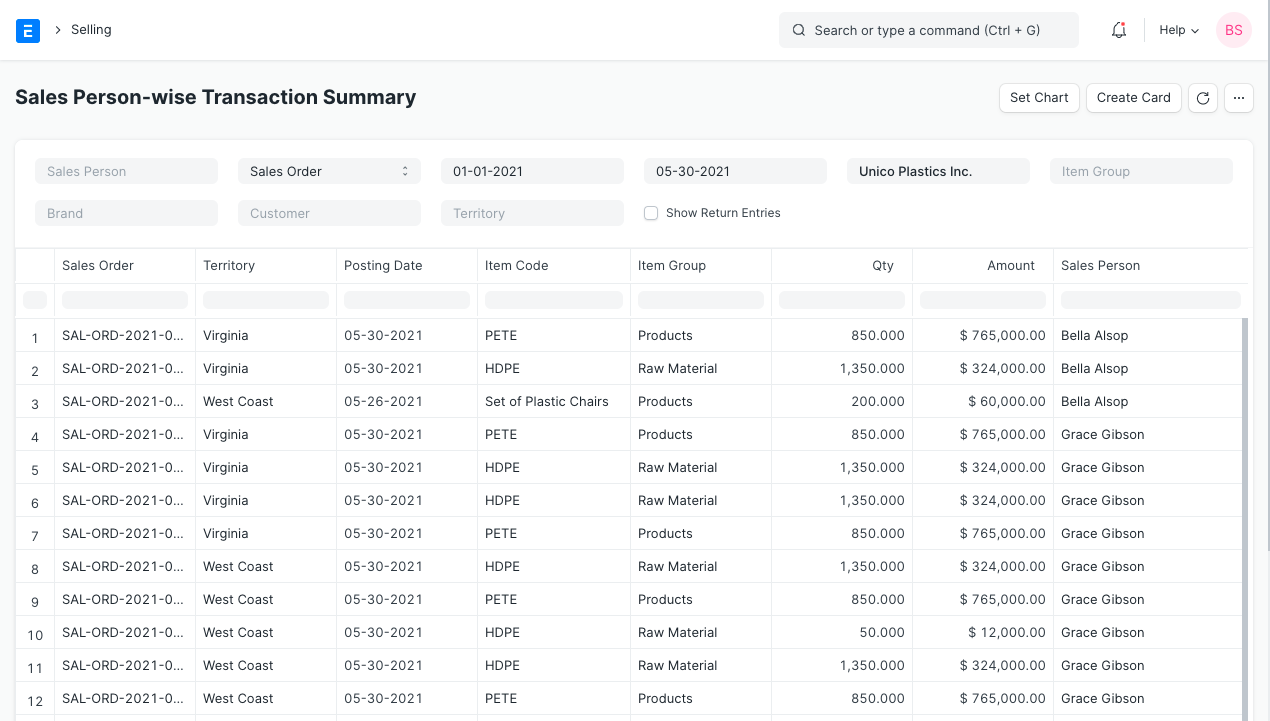 sales person wise transaction summary report