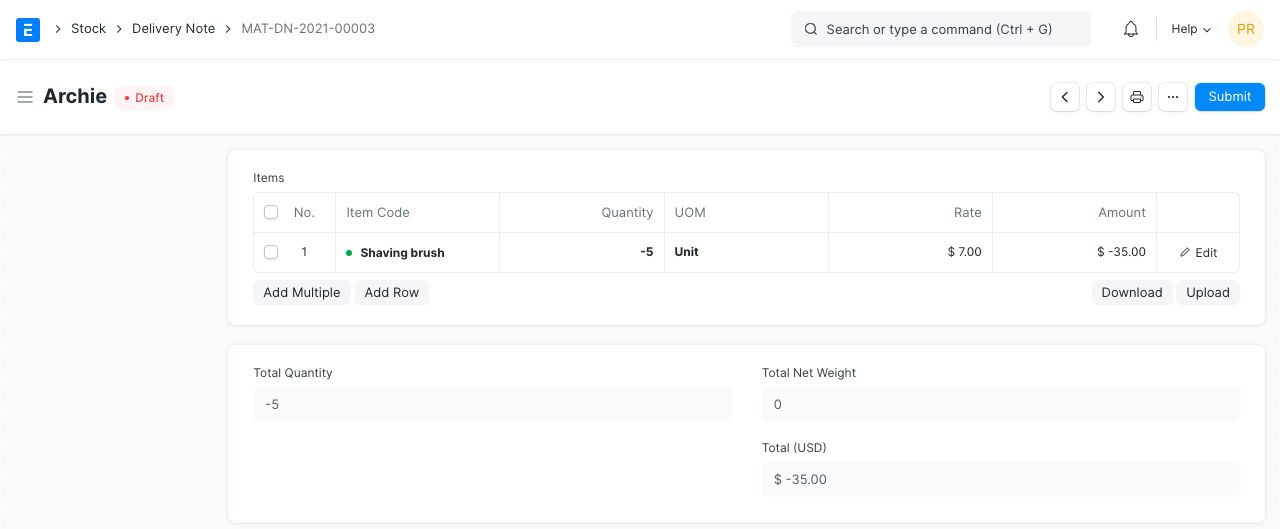 sales return against delivery note