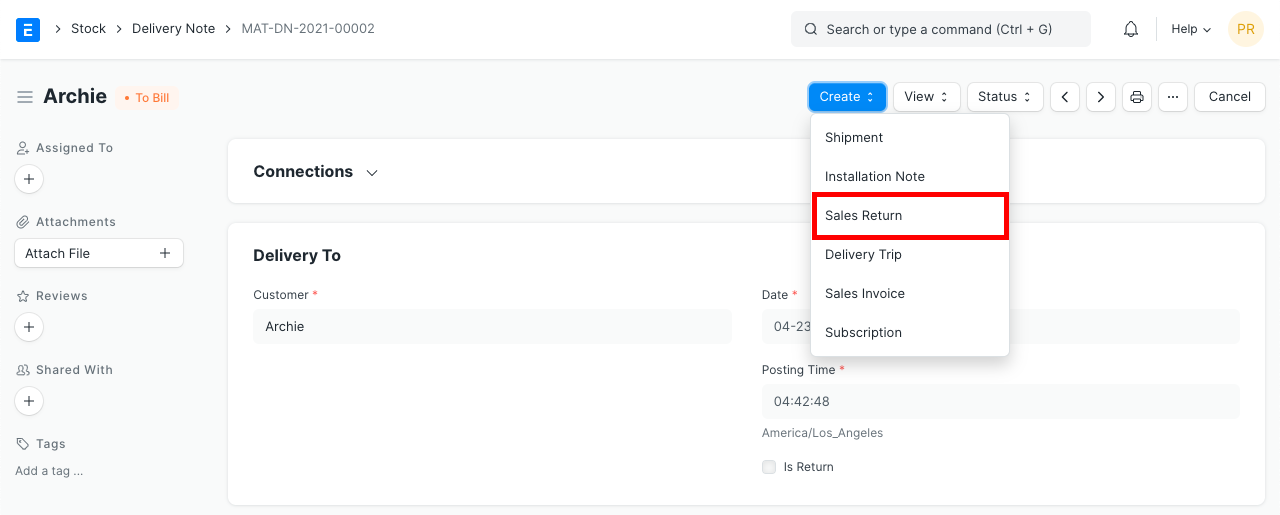 sales return original delivery note