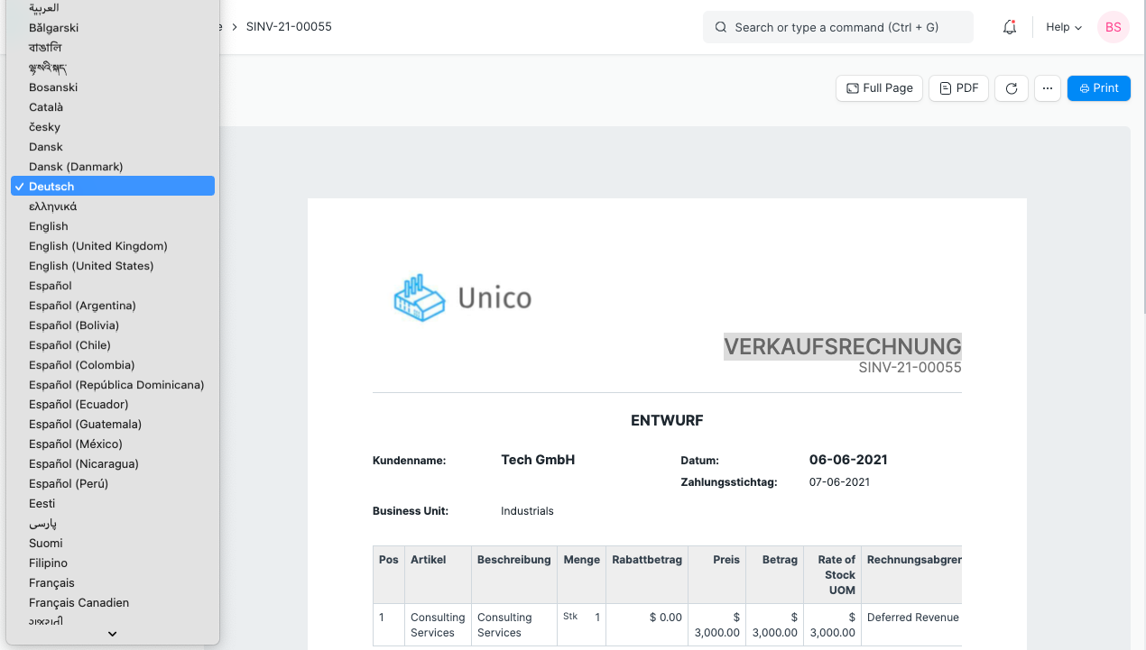 select language in invoice