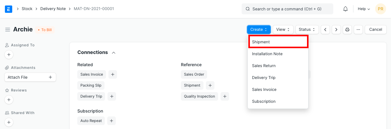 shipment from delivery note