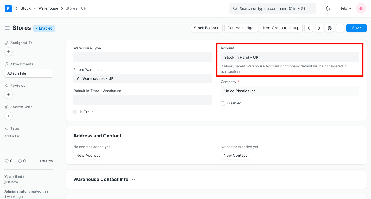 stock asset ledger in warehouse