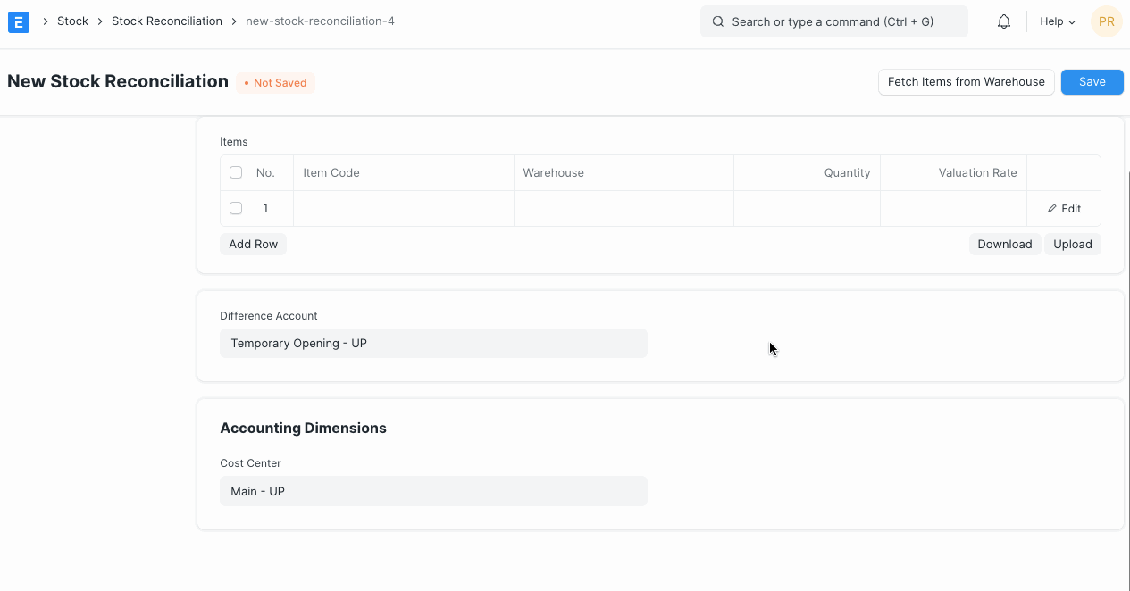 stock reconciliation items button
