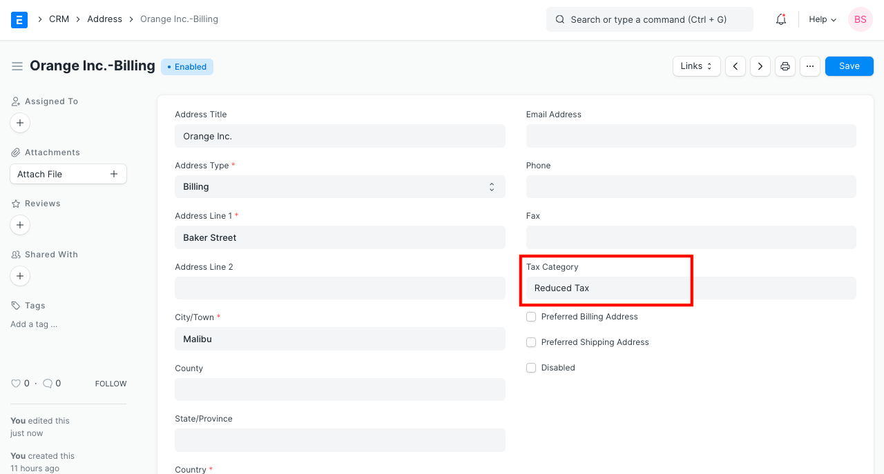 tax category in address