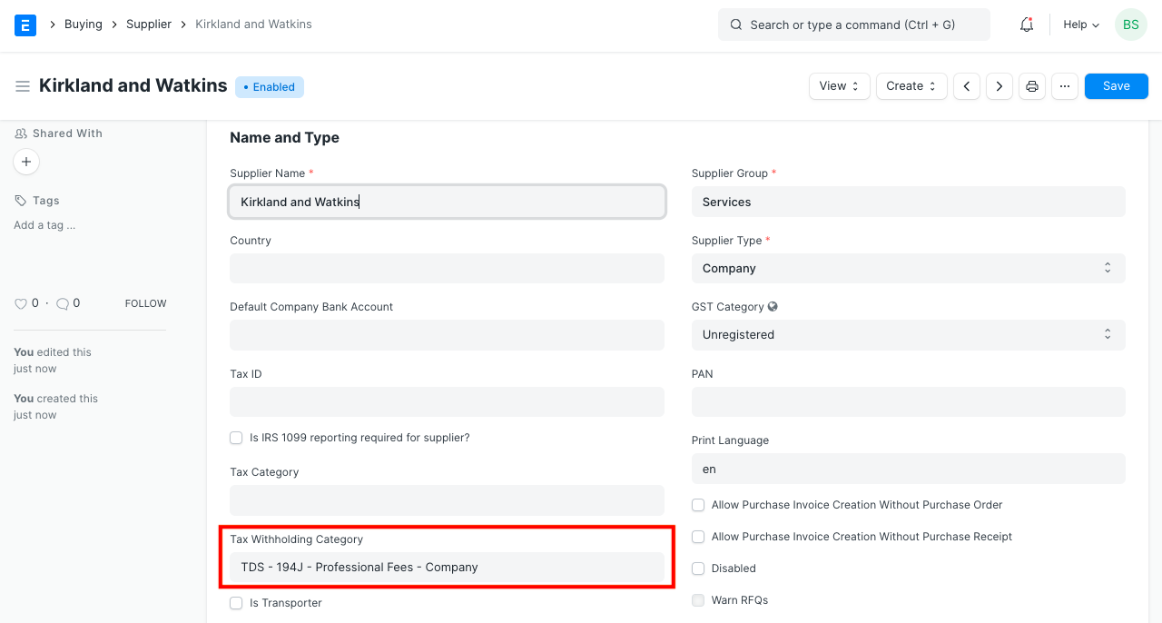 tax withholding category in supplier
