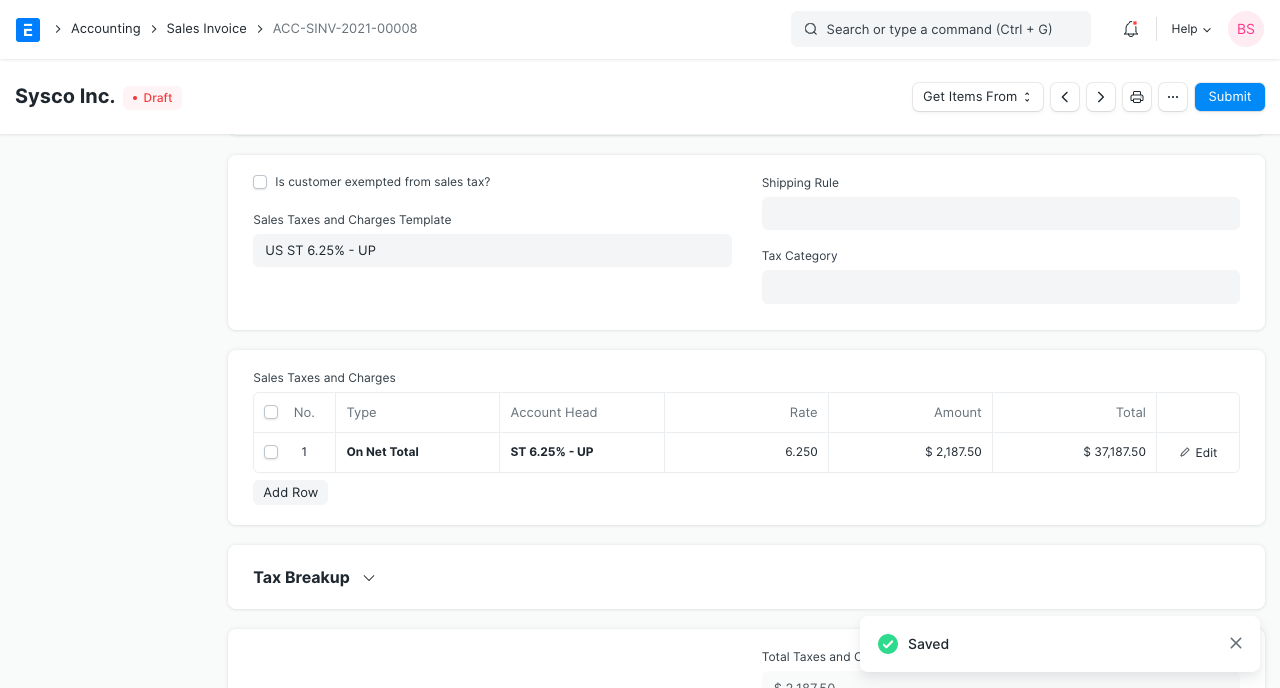 taxes in sales invoice