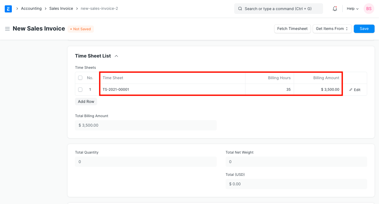 timesheet in sales invoice
