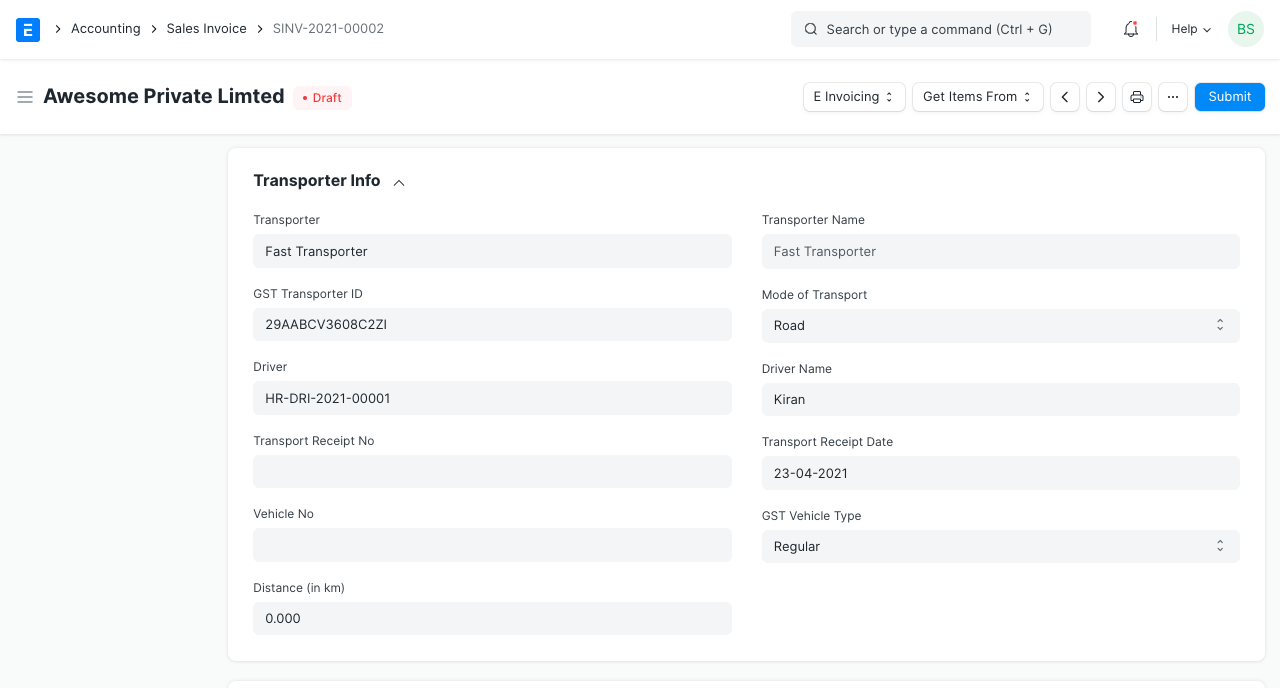transporter details in sales invoice
