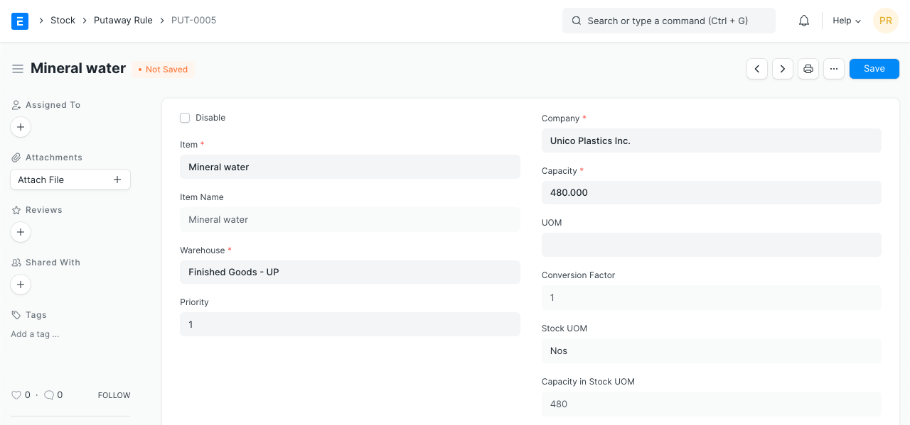 unsaved putaway rule