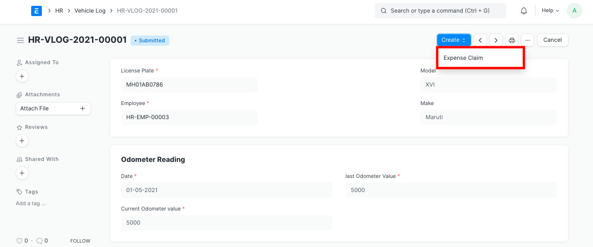 vehicle log expense claim button