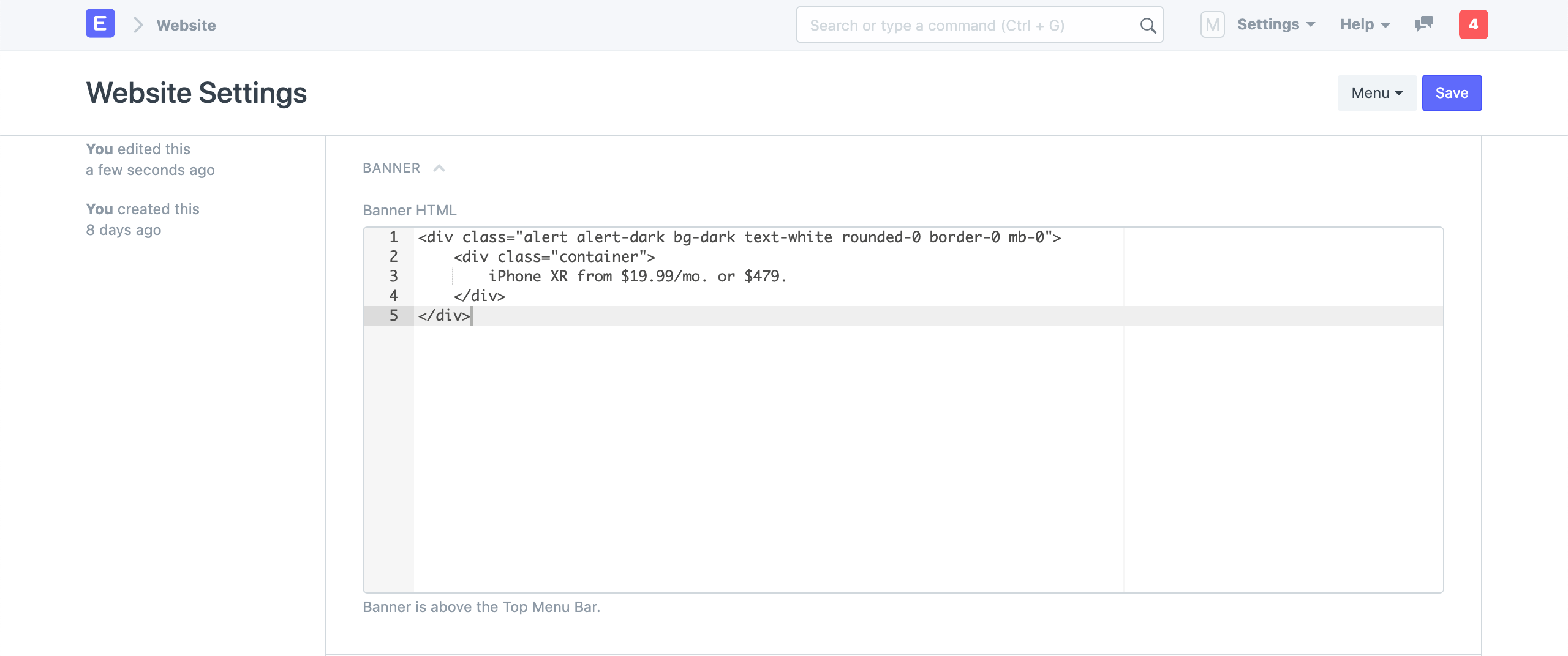 website settings banner