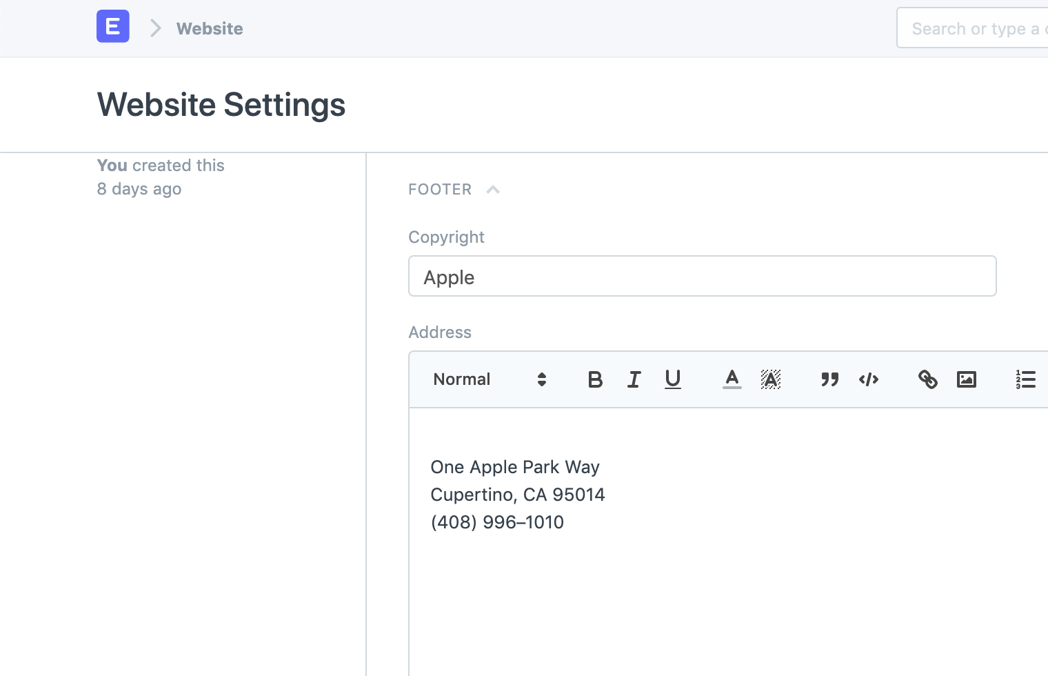 website settings footer address