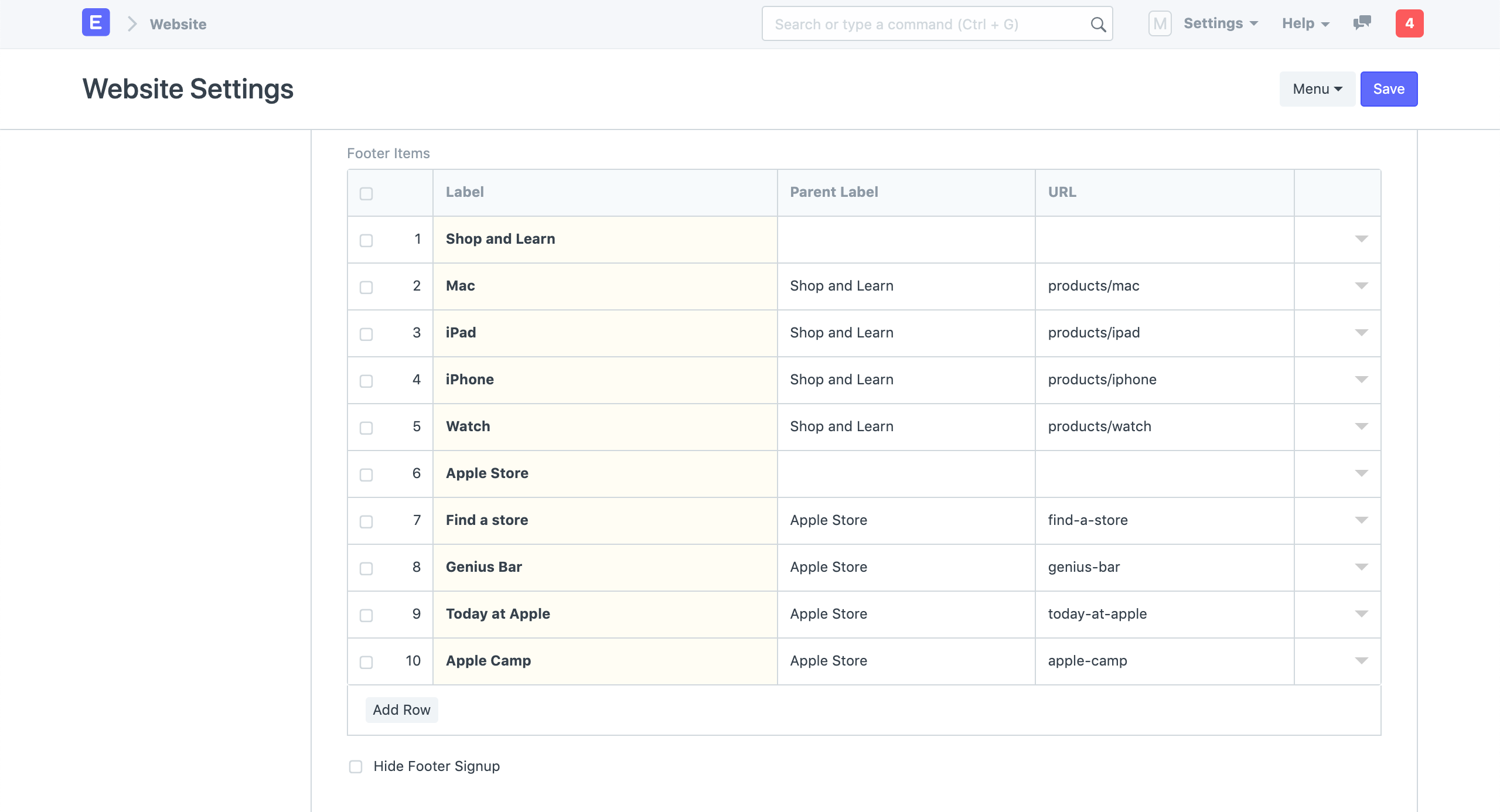 website settings footer links
