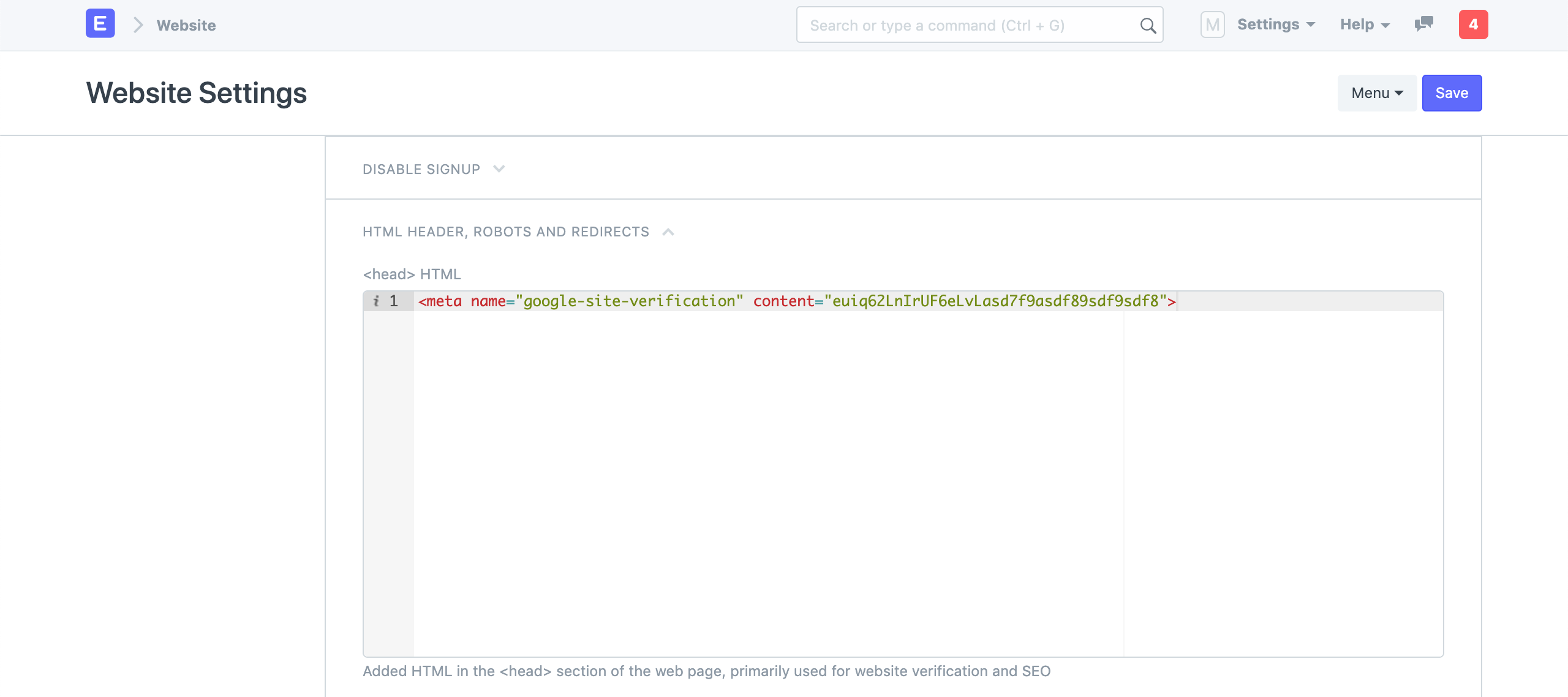 website settings header