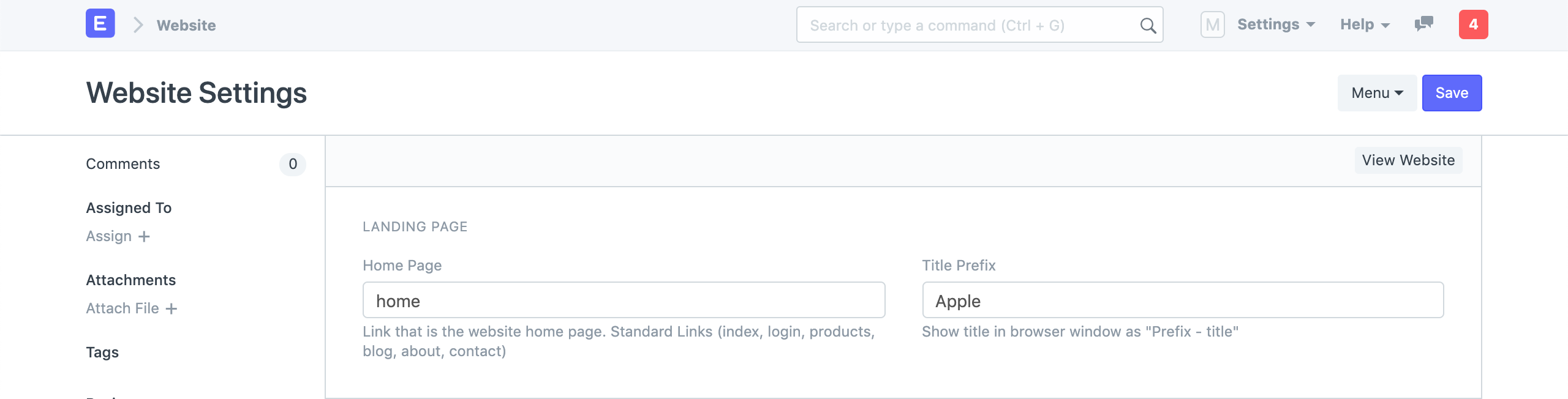 website settings landing page