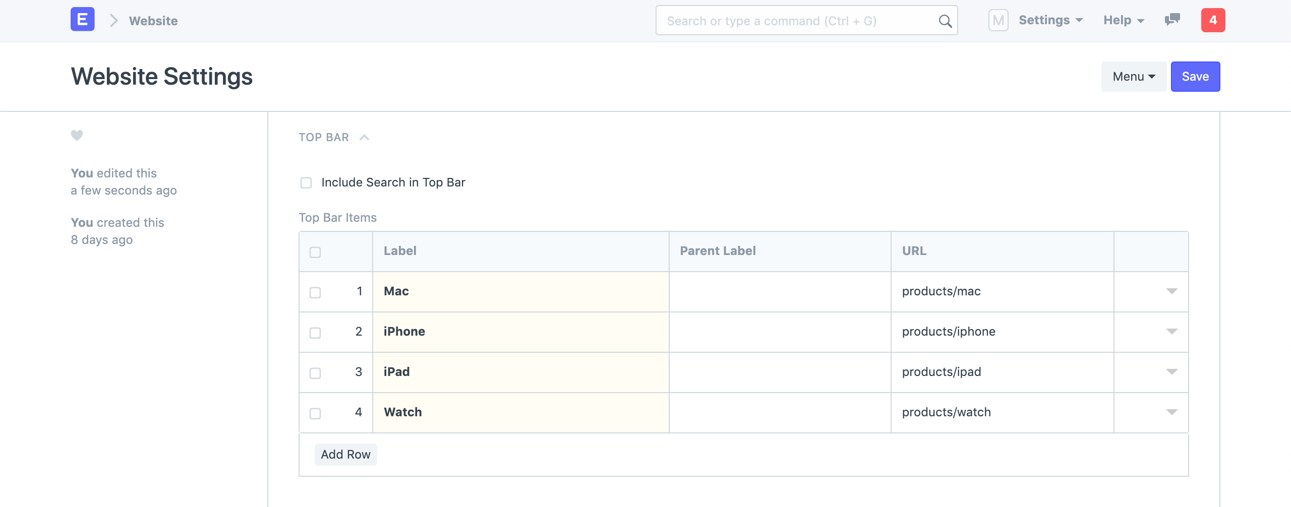 website settings top bar